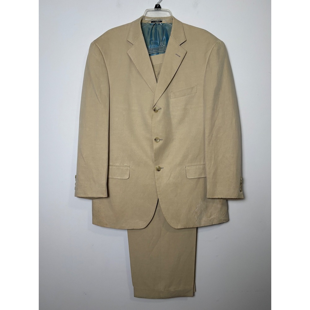 Ibiza Mens Silk Linen 2‎ PC Suit Jacket 42R Pants 36X27 Tan Coastal Wedding